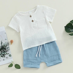 Showlu Fashion Store 2Pcs Baby Boy Summer Outfits Set Short Sleeve Button Down Pocket Tops Shorts Set Toddler Clothes Cotton Soft Baby's Sets