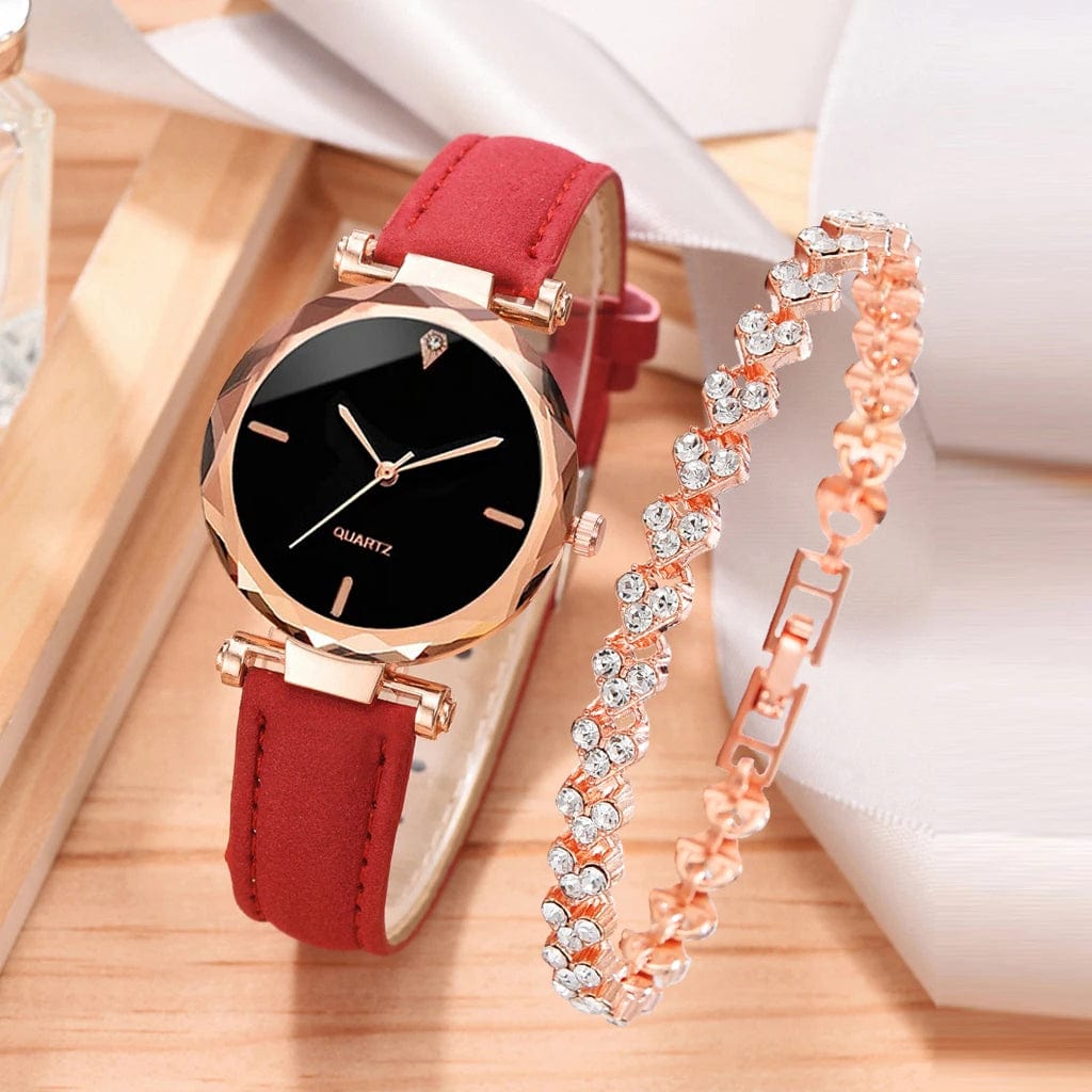 Showlu Fashion Store 2pcs Luxury Fashion Women Watch Set PU Leather Strap Ladies Quartz Wristwatch Rhinestone RoseGold Alloy Bracelet for Ladies Gift