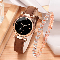 Showlu Fashion Store 2pcs Luxury Fashion Women Watch Set PU Leather Strap Ladies Quartz Wristwatch Rhinestone RoseGold Alloy Bracelet for Ladies Gift