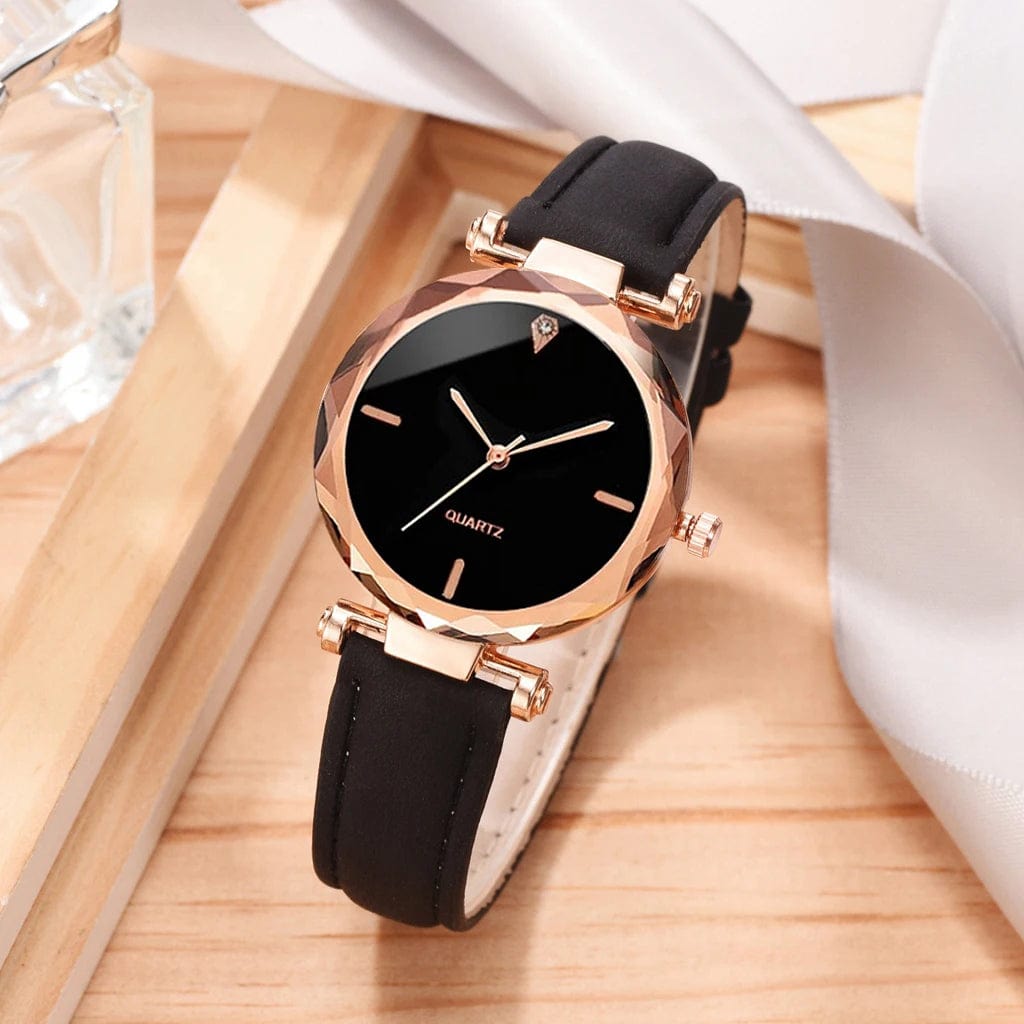 Showlu Fashion Store 2pcs Luxury Fashion Women Watch Set PU Leather Strap Ladies Quartz Wristwatch Rhinestone RoseGold Alloy Bracelet for Ladies Gift