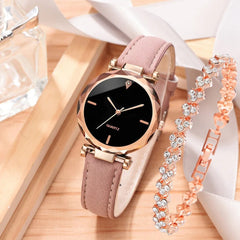 Showlu Fashion Store 2pcs Luxury Fashion Women Watch Set PU Leather Strap Ladies Quartz Wristwatch Rhinestone RoseGold Alloy Bracelet for Ladies Gift