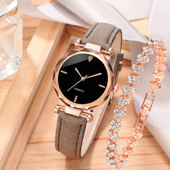 Showlu Fashion Store 2pcs Luxury Fashion Women Watch Set PU Leather Strap Ladies Quartz Wristwatch Rhinestone RoseGold Alloy Bracelet for Ladies Gift