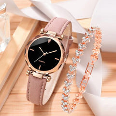 Showlu Fashion Store 2pcs Luxury Fashion Women Watch Set PU Leather Strap Ladies Quartz Wristwatch Rhinestone RoseGold Alloy Bracelet for Ladies Gift