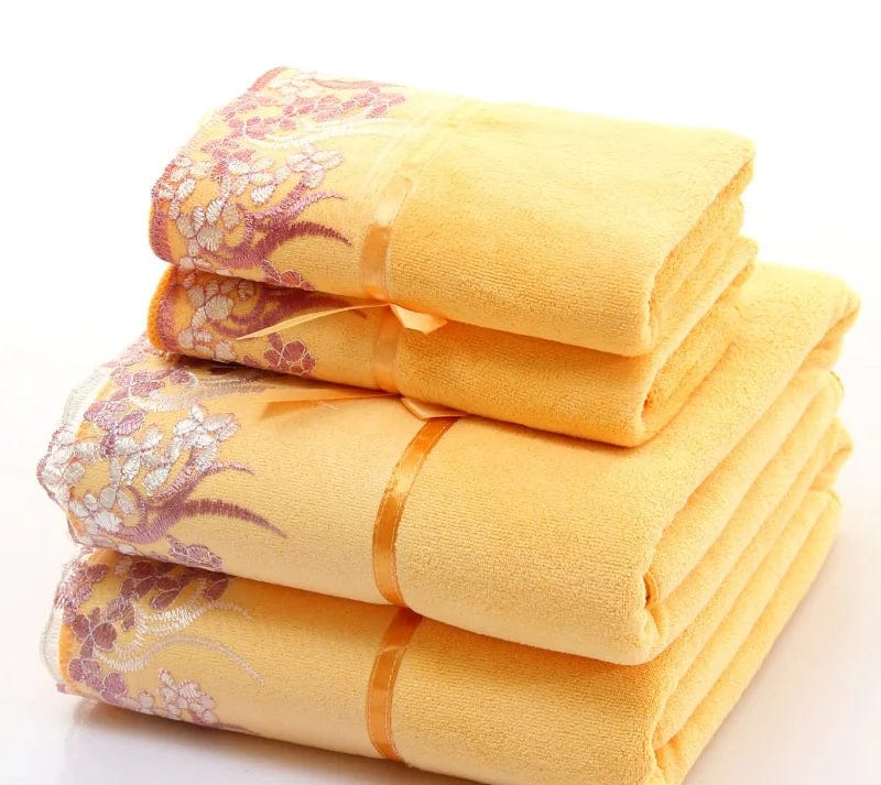 SHOWLU FASHION STORE 2pcs/set microfiber Elegant Embroidered towel set solid 1pc face towel and 1pc bath towel Quick Dry Towels bathroom for Adult