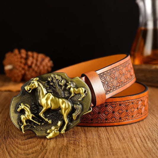  Showlu Fashion Store 3 / 120cm Western Cowboy PU Leather Belt - Men Waist Strap Bull Decoration Floral Engraved for Jeans