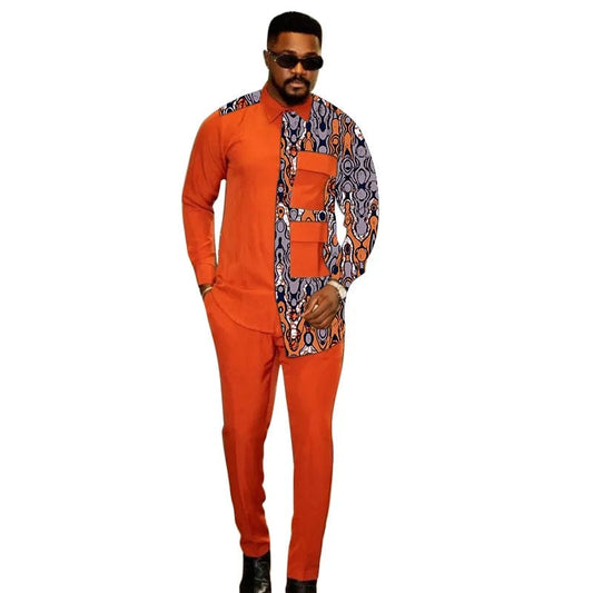  Showlu Fashion Store 3 / 4XL Nigerian Fashion Light Orange Shirts+Trousers Mens Party Suit African Print Male Casual Outfits 2 Pieces Wedding Costume