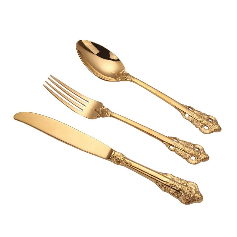 Showlu Nordic Relief Golden stainless steel Western tableware set with knife, fork, and spoon for household dining.