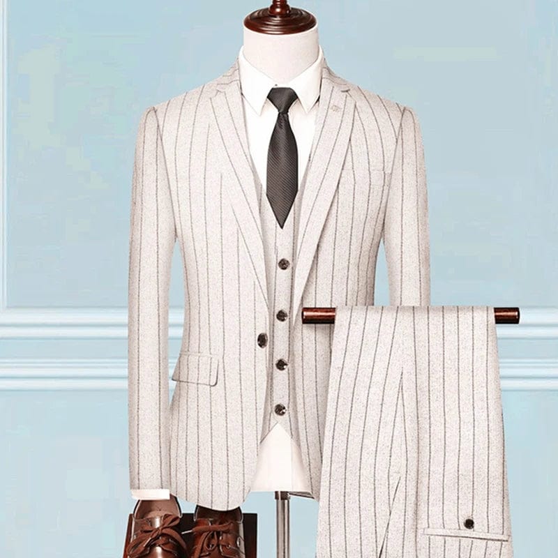 Showlu Fashion Store 3 Pcs Set Beige 1 / Asian 4XL is Eur 2XL British Style Men Plaid Vest Blazer Pants 3 Pieces Set / Male Fashion High End Slim Wedding Banquet Business Suit Jacket Coat