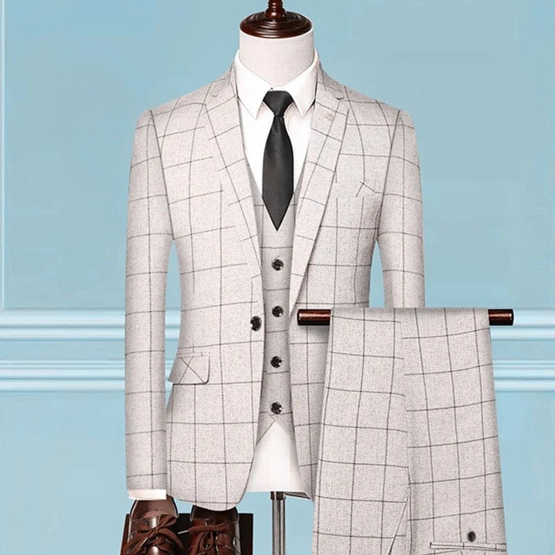 Showlu Fashion Store 3 Pcs Set Beige / Asian 4XL is Eur 2XL British Style Men Plaid Vest Blazer Pants 3 Pieces Set / Male Fashion High End Slim Wedding Banquet Business Suit Jacket Coat