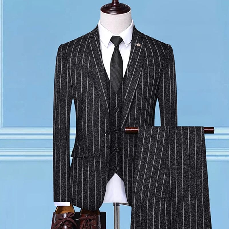 Showlu Fashion Store 3 Pcs Set Black 1 / Asian 4XL is Eur 2XL British Style Men Plaid Vest Blazer Pants 3 Pieces Set / Male Fashion High End Slim Wedding Banquet Business Suit Jacket Coat