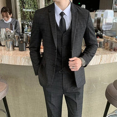 SHOWLU FASHION STORE 3 Pcs Set black 1 / Asian 4XL is US L Men Dress Blazers Pants Vest 3 Piece Set / Male Wedding New 2024 Autumn Business Formal Plaid Suit Luxury Slim Fit Coat Trousers