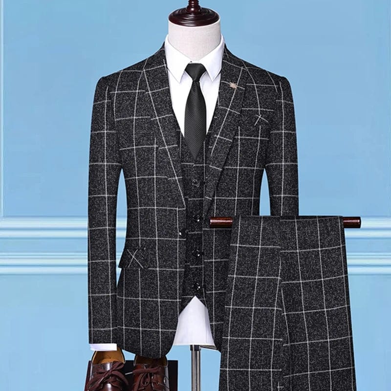 Showlu Fashion Store 3 Pcs Set Black / Asian 4XL is Eur 2XL British Style Men Plaid Vest Blazer Pants 3 Pieces Set / Male Fashion High End Slim Wedding Banquet Business Suit Jacket Coat