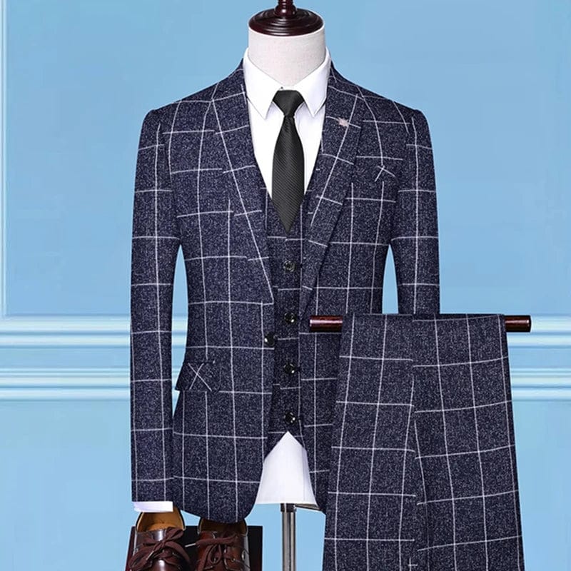 Showlu Fashion Store 3 Pcs Set Blue / Asian 4XL is Eur 2XL British Style Men Plaid Vest Blazer Pants 3 Pieces Set / Male Fashion High End Slim Wedding Banquet Business Suit Jacket Coat