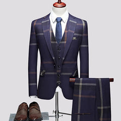 SHOWLU FASHION STORE 3 pcs set blue / Asian S is Eur XXS 3 Pcs Suits Set Coat Vest Pants / 2023 Fashion Men's Casual Boutique Business Plaid Slim Formal Dress Blazers Jacket Waistcoat