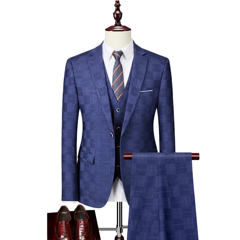  Showlu Fashion Store 3 Pcs Set blue / Asian S is Eur XXS Plaid Suit Men Blazer Vest Pants Business British Style Wedding Dress Banquet High End Slim Fit Jacket Trousers 3 Piece Set