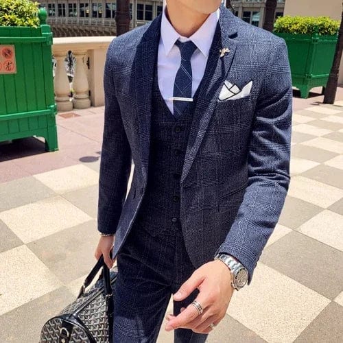  Showlu Fashion Store 3 Pcs Set blue / Asian XXL is US S Men's Suit Jacket Vest Pants Fashion Boutique Plaid Casual Business Male Groom Wedding Tuxedo Dress 3 Pieces Set Blazers Coat