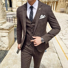  Showlu Fashion Store 3 Pcs Set Dark Brown / Asian XXL is US S Men's Suit Jacket Vest Pants Fashion Boutique Plaid Casual Business Male Groom Wedding Tuxedo Dress 3 Pieces Set Blazers Coat