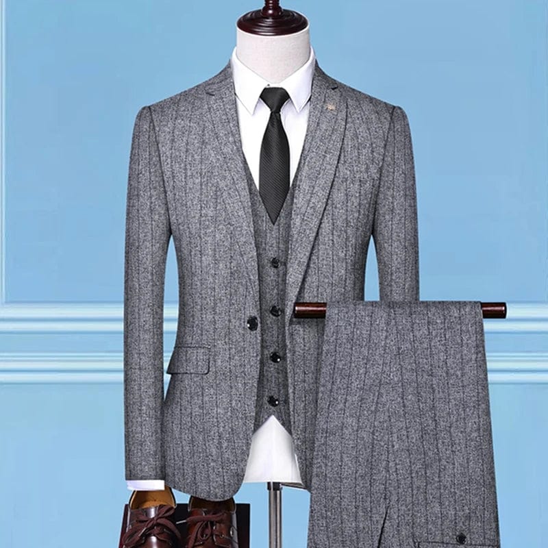 Showlu Fashion Store 3 Pcs Set Gray 1 / Asian 4XL is Eur 2XL British Style Men Plaid Vest Blazer Pants 3 Pieces Set / Male Fashion High End Slim Wedding Banquet Business Suit Jacket Coat