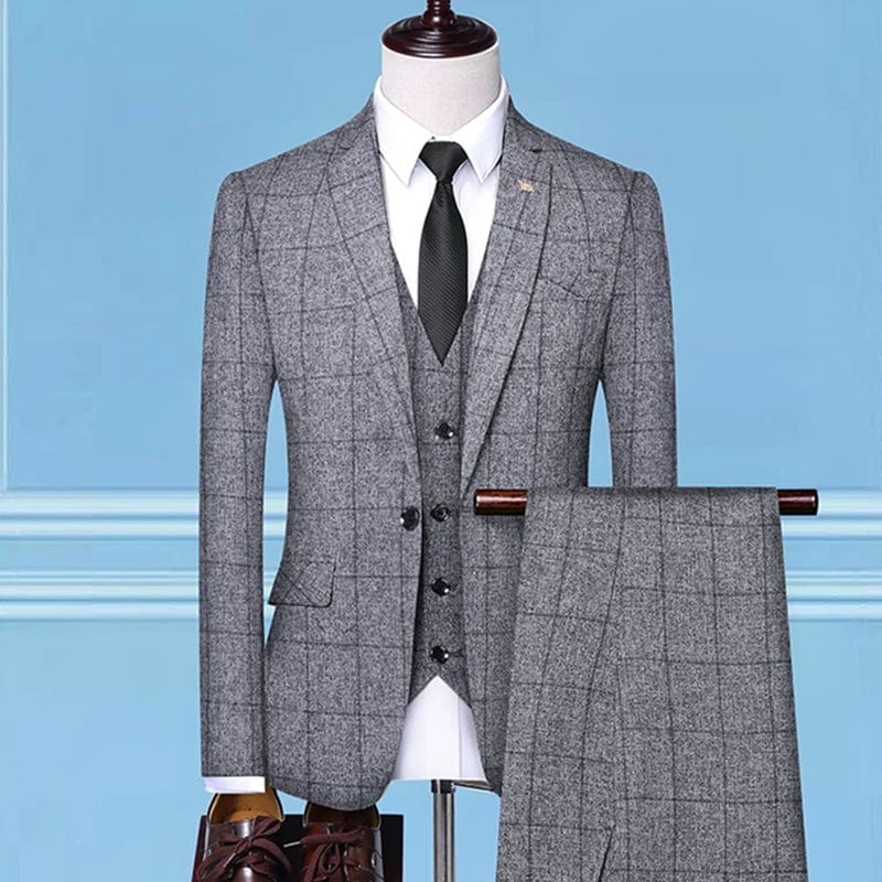 Showlu Fashion Store 3 Pcs Set Gray / Asian 4XL is Eur 2XL British Style Men Plaid Vest Blazer Pants 3 Pieces Set / Male Fashion High End Slim Wedding Banquet Business Suit Jacket Coat