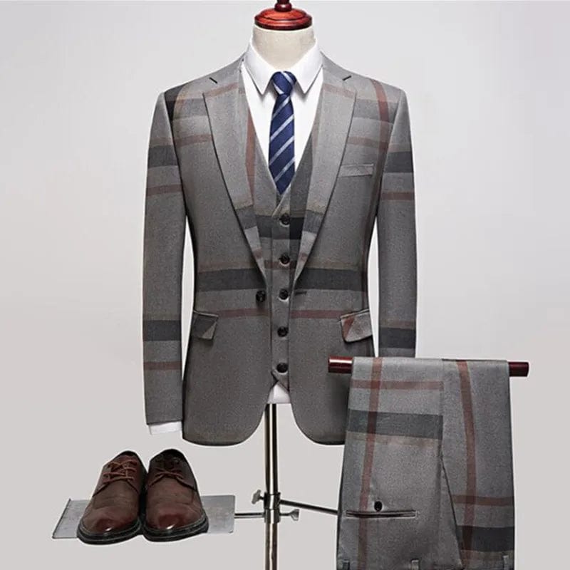 SHOWLU FASHION STORE 3 pcs set gray / Asian 5XL is Eur 3XL 3 Pcs Suits Set Coat Vest Pants / 2023 Fashion Men's Casual Boutique Business Plaid Slim Formal Dress Blazers Jacket Waistcoat