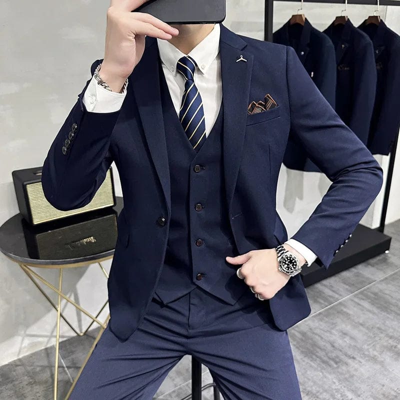  Showlu Fashion Store 3 Pcs Set Navy / Asian XXL is US S Men's Suit Jacket Vest Pants Fashion Boutique Plaid Casual Business Male Groom Wedding Tuxedo Dress 3 Pieces Set Blazers Coat