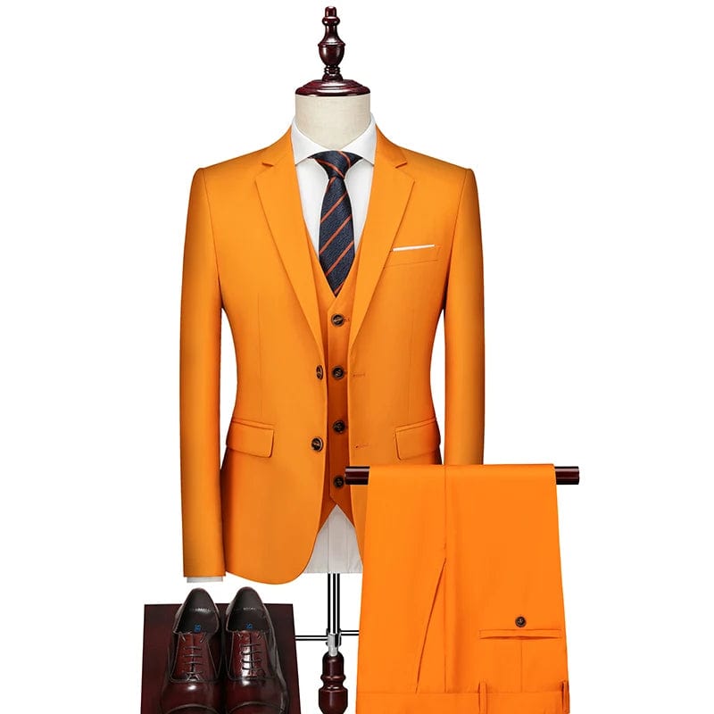 SHOWLU FASHION STORE 3 Pcs Set Orange / Asian L is US XXS 16 Color Basic Style Men's Casual Solid Color 3 Pieces Suits / Male One Button Blazers Jacker Coat Trousers Pants Vest Waistcoat