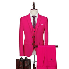 SHOWLU FASHION STORE 3 Pcs Set Rose 1 / Asian L is US XXS 16 Color Basic Style Men's Casual Solid Color 3 Pieces Suits / Male One Button Blazers Jacker Coat Trousers Pants Vest Waistcoat