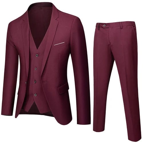 Showlu Fashion Store 3 Pcs Set Wine / Asian L is US XS Business Suit Jacket Coat Blazers Trousers Waistcoat Men Wedding Three Pieces Pants Vest Large Size Professional Dress 3 Pcs Set