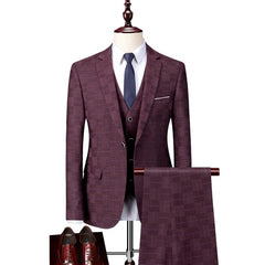  Showlu Fashion Store 3 Pcs Set wine / Asian S is Eur XXS Plaid Suit Men Blazer Vest Pants Business British Style Wedding Dress Banquet High End Slim Fit Jacket Trousers 3 Piece Set