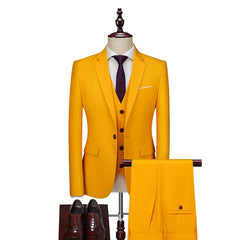 SHOWLU FASHION STORE 3 Pcs Set Yellow / Asian L is US XXS 16 Color Basic Style Men's Casual Solid Color 3 Pieces Suits / Male One Button Blazers Jacker Coat Trousers Pants Vest Waistcoat