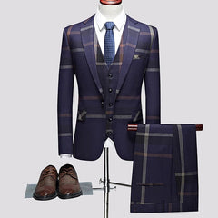 SHOWLU FASHION STORE 3 Pcs Suits Set Coat Vest Pants / 2023 Fashion Men's Casual Boutique Business Plaid Slim Formal Dress Blazers Jacket Waistcoat