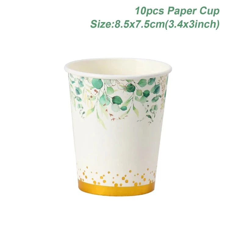 Sage green and gold disposable tableware set with leaves design including paper plates, cups, and napkins for wedding or party decor