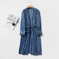 Dark blue Showlu men's fleece nightgown with long sleeves, breathable velour fabric, cozy and skin-friendly for comfortable sleep.