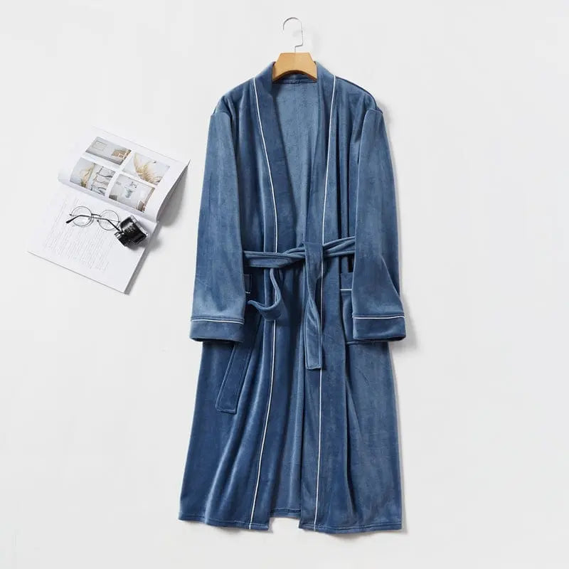 Dark blue Showlu men's fleece nightgown with long sleeves, breathable velour fabric, cozy and skin-friendly for comfortable sleep.