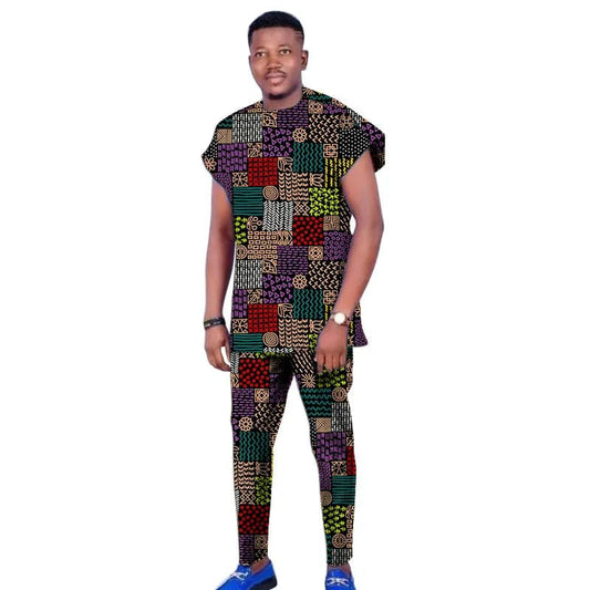  Showlu Fashion Store 3 / XXXL Raglan Sleeve Design Summer African Men's Set Tops+Elastic Waist Pants Print Outfits Tailored Nigerian Party Wear