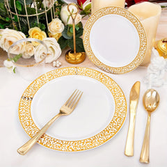 Showlu Fashion Store 300Pcs Plastic tableware-Silver&Rose Gold&Gold Plastic Dinnerware for 50 Guests-Plastic Plates Disposable Include:50 Silver Dinner Plates, 50 Dessert Plates, 50 knife, fork and spoon, 50 Cups for Wedding and any party.