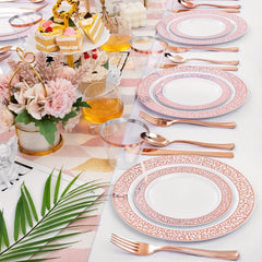  Showlu Fashion Store 300Pcs Plastic tableware-Silver&Rose Gold&Gold Plastic Dinnerware for 50 Guests-Plastic Plates Disposable Include:50 Silver Dinner Plates, 50 Dessert Plates, 50 knife, fork and spoon, 50 Cups for Wedding and any party.