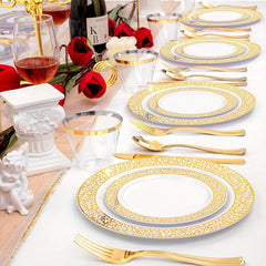 Showlu Fashion Store 300Pcs Plastic tableware-Silver&Rose Gold&Gold Plastic Dinnerware for 50 Guests-Plastic Plates Disposable Include:50 Silver Dinner Plates, 50 Dessert Plates, 50 knife, fork and spoon, 50 Cups for Wedding and any party.