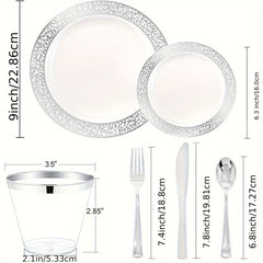 Showlu Fashion Store 300Pcs Plastic tableware-Silver&Rose Gold&Gold Plastic Dinnerware for 50 Guests-Plastic Plates Disposable Include:50 Silver Dinner Plates, 50 Dessert Plates, 50 knife, fork and spoon, 50 Cups for Wedding and any party.