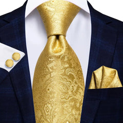 SHOWLU FASHION STORE 3053 Hi-Tie Solid Gold Yellow Silk Ties For Men Handky Cufflinks Set Fashion Gift For Men's Tie Wedding Business Necktie