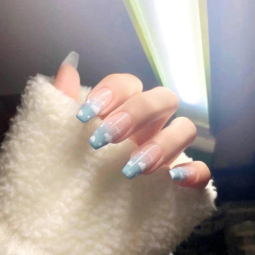 Showlu 24pcs mid-length coffin press-on acrylic false nails with full cover design for easy artificial manicure application.