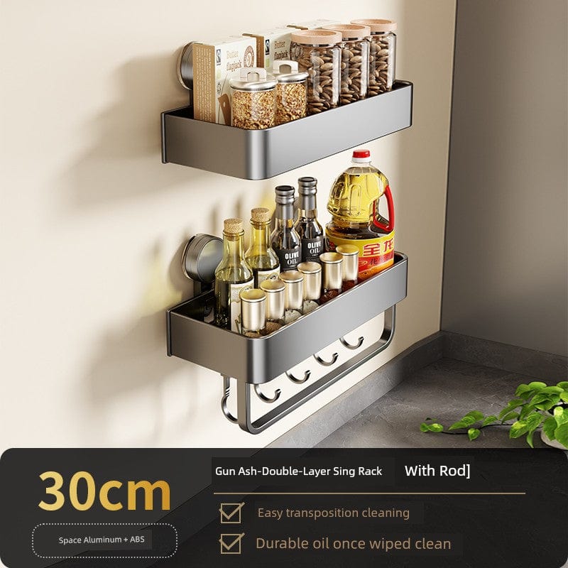 SHOWLU FASHION STORE 枪灰-双层30cm+带钩带杆调料架【吸盘式】 Suction Cup Punch-Free Wall Condiment Hook Rack