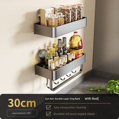 SHOWLU FASHION STORE 枪灰-双层30cm+带钩带杆调料架【吸盘式】 Suction Cup Punch-Free Wall Condiment Hook Rack