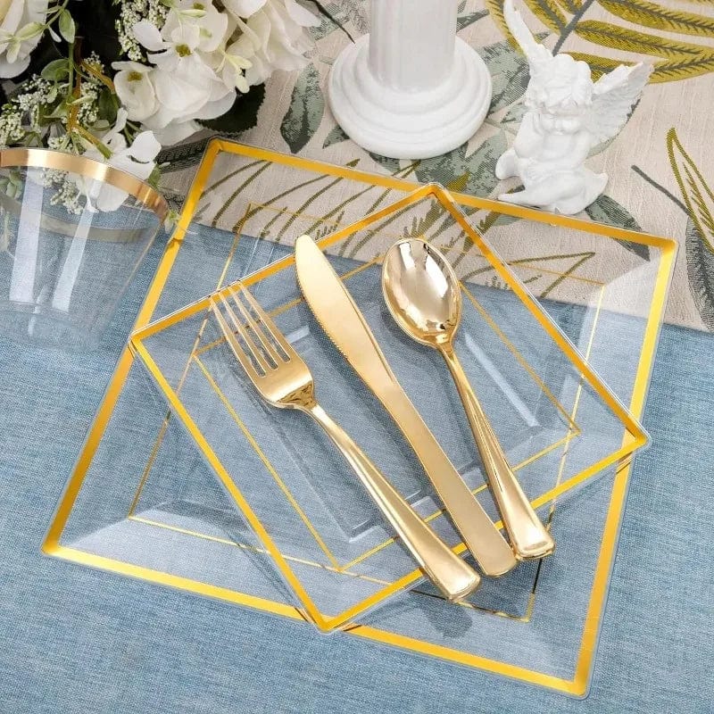 Showlu Fashion Store 30Guest Clear Gold Plastic Plates, Gold Party Plates and Cup and Napkins Set Gold Disposable Dinnerware Include 30 Dinner Plates