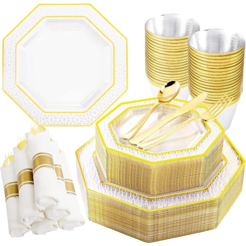 Showlu Fashion Store 30Guest Clear Gold Plastic Plates, Gold Party Plates and Cup and Napkins Set Gold Disposable Dinnerware Include 30 Dinner Plates