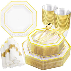 Showlu Fashion Store 30Guest Clear Gold Plastic Plates, Gold Party Plates and Cup and Napkins Set Gold Disposable Dinnerware Include 30 Dinner Plates