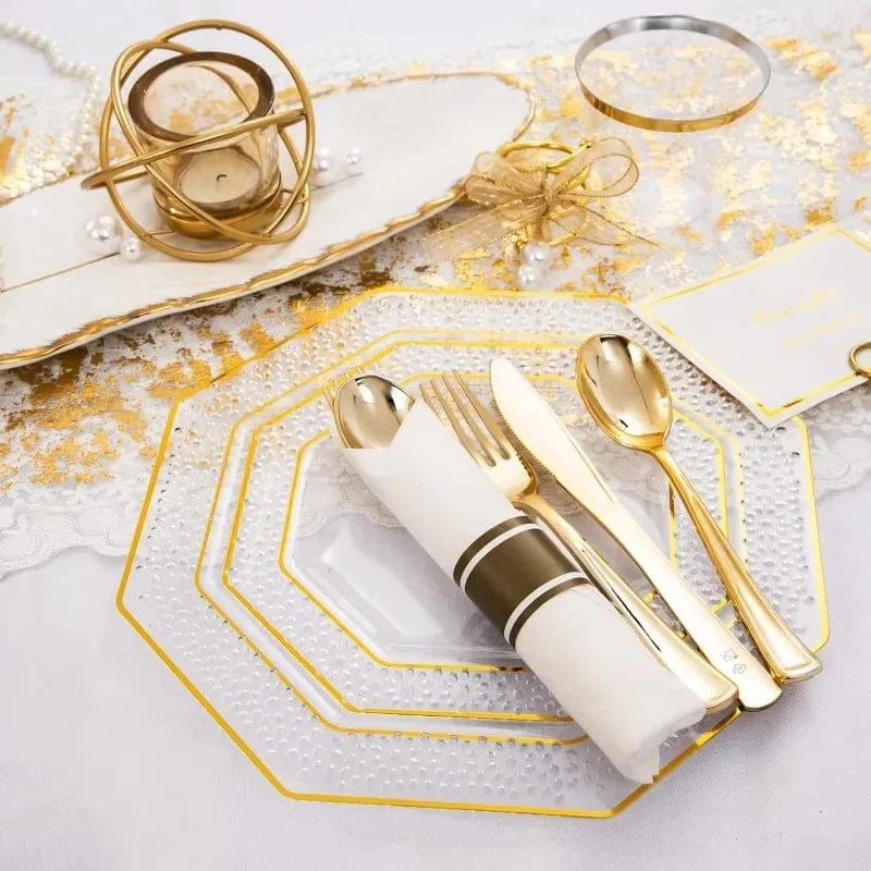 Showlu Fashion Store 30Guest Clear Gold Plastic Plates, Gold Party Plates and Cup and Napkins Set Gold Disposable Dinnerware Include 30 Dinner Plates