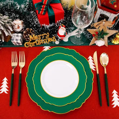 Showlu Fashion Store 30Guest Green Plastic Plates - Gold Plastic Silverware With Green Handle - Christmas Plates Disposable - Baroque Green