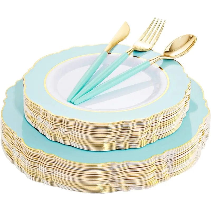 Showlu Fashion Store 30Guest Green Plastic Plates - Gold Plastic Silverware With Green Handle - Christmas Plates Disposable - Baroque Green