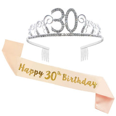  Showlu Fashion Store 30th Gold Silver Glitter Birthday Sash Rhinestone Tiara 18th Crystal Crown Birthday Queen Satin Ribbon Sash For Birthday Party Decor